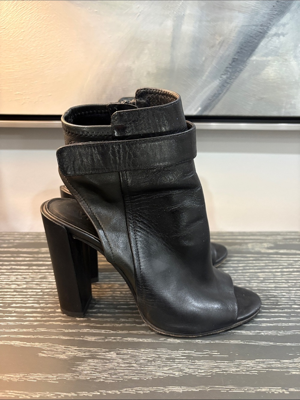 Vince Black Peep-Toe Leather Ankle Boots